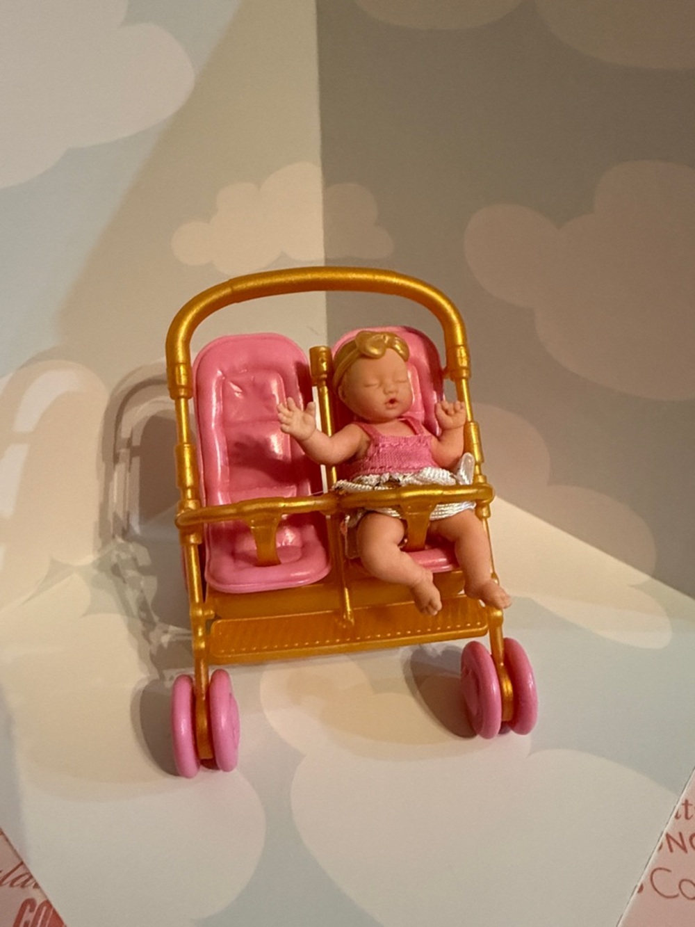 Zuru My mini baby Twin pink and gold stroller with one baby